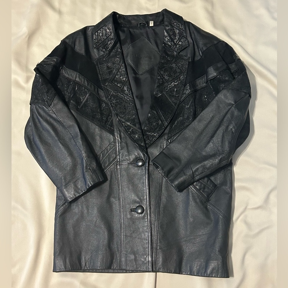 Vintage Preston and York Black Leather Patterned Jacket Coat - M